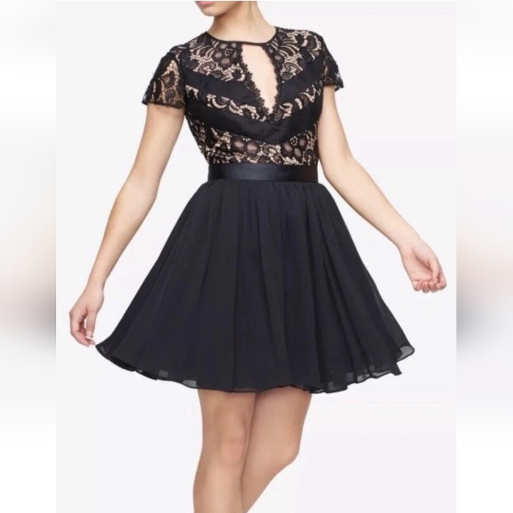 FAME AND PARTNERS Black Lace Keyhole Open Back Party Dress, US Size 10